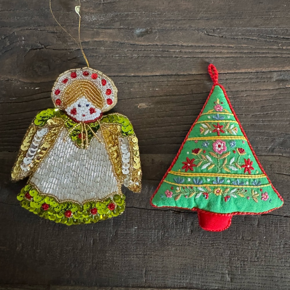 Christmas Tree Ornaments Vintage Hallmark Embroidered/Beaded Angel Whimsy Set/2